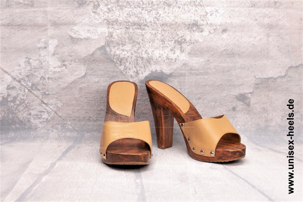 1002 - Handmade high-heel mules with real wooden soles and real leather