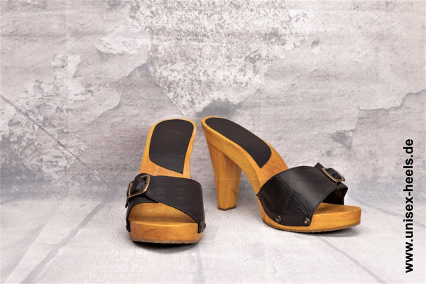 1012s - High-quality, handmade high-heeled mules with real wooden soles, real leather and an adjustable buckle