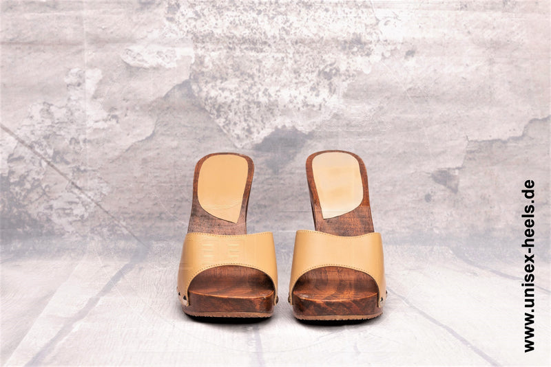 1002 - Handmade high-heel mules with real wooden soles and real leather