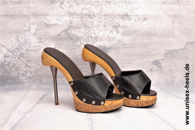 1003 - Hochwertige handgefertigte High-Heels mit echter Holzsohle, echtem Leder und Steel-Heel