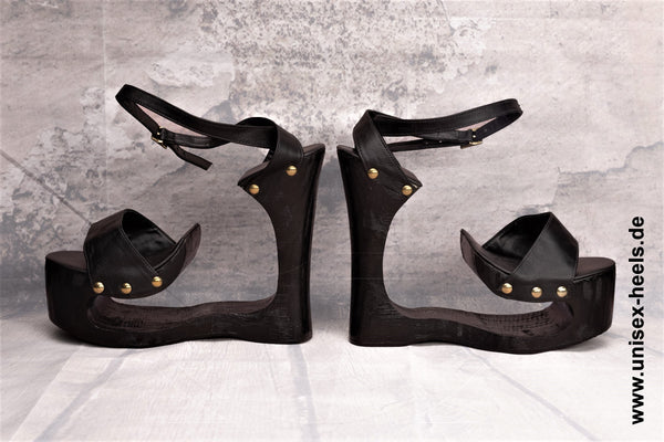 1011 - Exotische handgefertigte High-Heels mit echter Holzsohle und echtem Leder