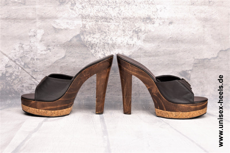 1013 - Hochwertige handgefertigte High-Heels mit echter Holzsohle, echtem Leder und verstellbarer Schnalle