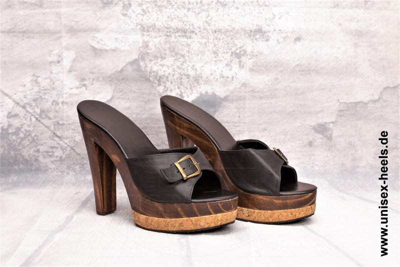 1013 - High quality handmade high heels with real wooden sole, genuine leather and adjustable buckle.