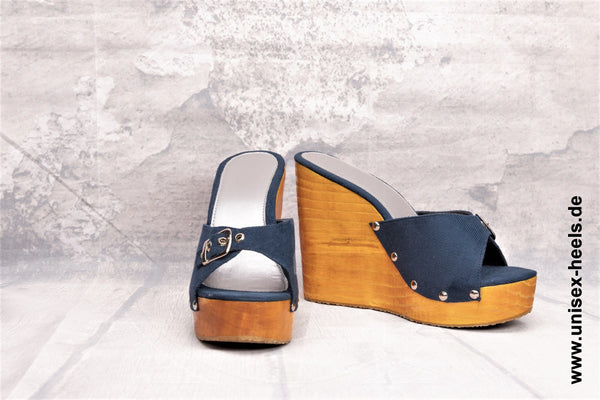 1014 - Hochwertige handgefertigte High-Heel-Wedges mit echter Holzsohle und verstellbarer Schnalle