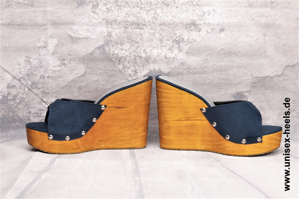 1014 - Hochwertige handgefertigte High-Heel-Wedges mit echter Holzsohle und verstellbarer Schnalle