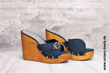 1014 - High quality handmade high heel wedges with real wooden sole and adjustable buckle.