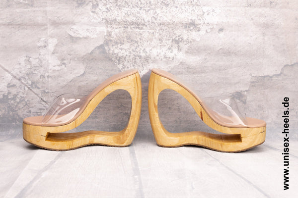 1015 - Exotische handgefertigte High-Heels mit echter Holzsohle und tranparentem Oberteil