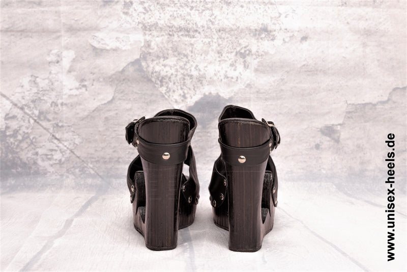 1018 - Exotische handgefertigte High-Heels mit echter Holzsohle, echtem Leder und verstellbarer Schnalle