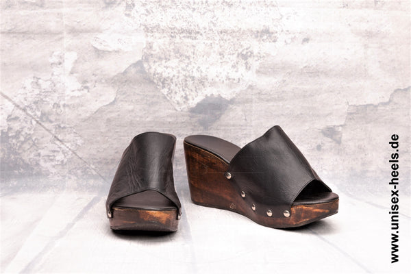 1019 - Hochwertige handgefertigte High-Heel-Wedges mit echter Holzsohle und echtem Leder
