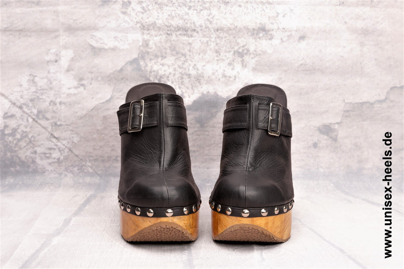 1021 - High quality handmade high heel retro clogs with real wooden soles and real leather