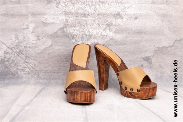 1022 - Handmade high-heeled mules with real wooden soles and real leather