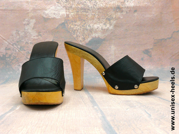 1023 - Handmade high-heel mules with real wooden sole and real leather