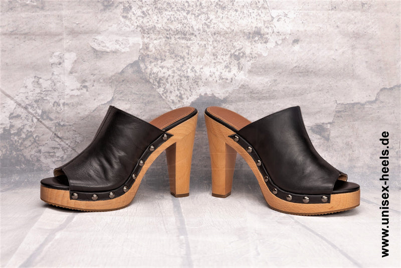 TALONS UNISEXES - 2001 | Mules à talons hauts | fait à la main | petites et grandes tailles | semelle en bois véritable et cuir véritable | Couleur Noir | Plateforme à talons hauts | Des chaussures hautes pour tous | Des escarpins confortables