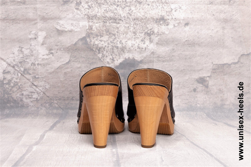 UNISEX HEELS - 2001 | High Heel Pantoletten | handgefertigt | kleine & große Größen | echt Holzsohle und echt Leder | Farbe Schwarz | High  Heels Plateau | Hohe Schuhe für Jeden | Bequeme Pumps