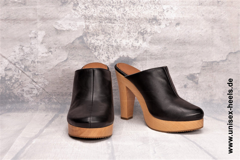 UNISEX HEELS - 2003 | High heel mules | handmade | small &amp; large sizes | real wooden sole and real leather | Color Black | High heels platform | High shoes for everyone | Comfortable pumps