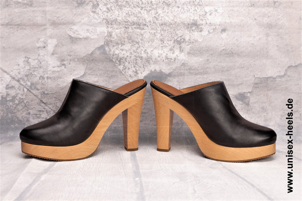 UNISEX HEELS - 2003 | High heel mules | handmade | small &amp; large sizes | real wooden sole and real leather | Color Black | High heels platform | High shoes for everyone | Comfortable pumps