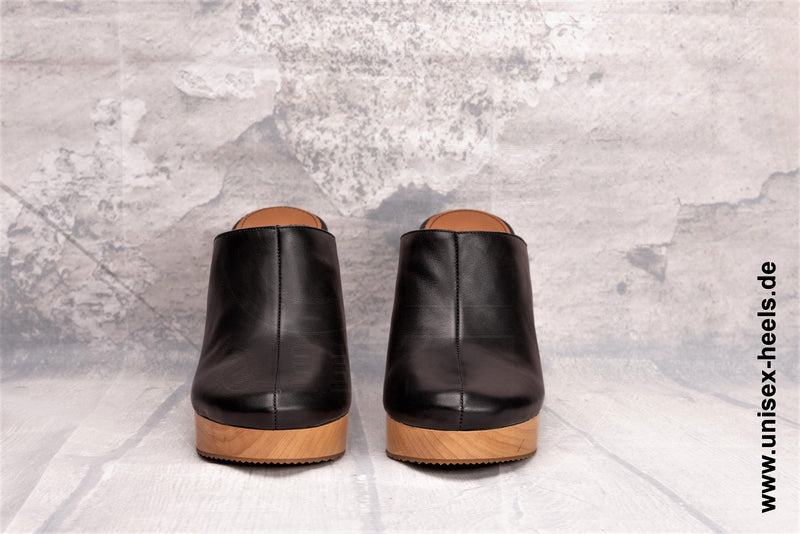 UNISEX HEELS - 2003 | High Heel Pantoletten | handgefertigt | kleine & große Größen | echt Holzsohle und echt Leder | Farbe Schwarz | High  Heels Plateau | Hohe Schuhe für Jeden | Bequeme Pumps