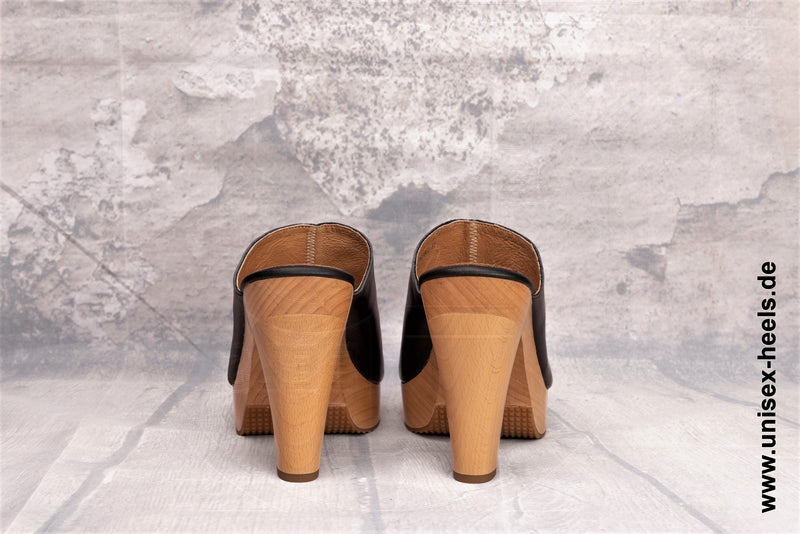 UNISEX HEELS - 2003 | High Heel Pantoletten | handgefertigt | kleine & große Größen | echt Holzsohle und echt Leder | Farbe Schwarz | High  Heels Plateau | Hohe Schuhe für Jeden | Bequeme Pumps
