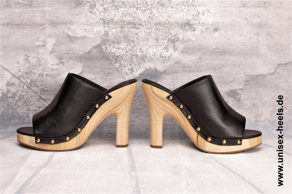 UNISEX HEELS - 2005 | High heel mules | handmade | small &amp; large sizes | real wooden sole and real leather | Color Black | High heels platform | High shoes for everyone | Comfortable pumps