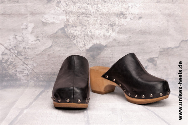 UNISEX HEELS - 2006 | Elegant designer clogs | handmade | small &amp; large sizes | real wooden sole and real leather | Color Black | High heels platform | High shoes for everyone | Comfortable clogs