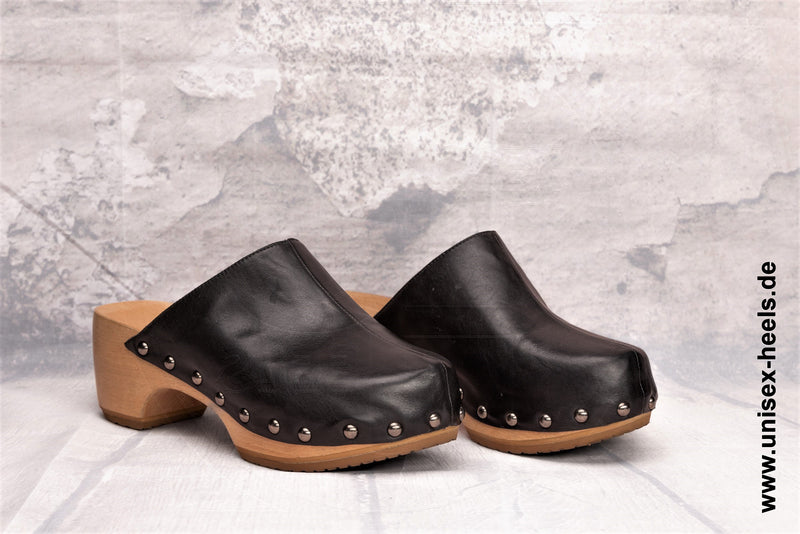 UNISEX HEELS - 2006 | Edle Designer Clogs | handgefertigt | kleine & große Größen | echt Holzsohle und echt Leder | Farbe Schwarz | High  Heels Plateau | Hohe Schuhe für Jeden | Bequeme Clogs
