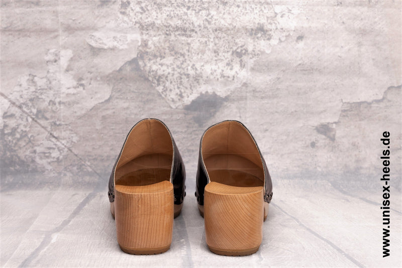 UNISEX HEELS - 2006 | Elegant designer clogs | handmade | small &amp; large sizes | real wooden sole and real leather | Color Black | High heels platform | High shoes for everyone | Comfortable clogs