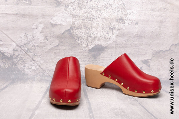 UNISEX HEELS - 2011 | Elegant designer clogs | handmade | small &amp; large sizes | real wooden sole and real leather | Color red | High heels platform | High shoes for everyone | Comfortable clogs